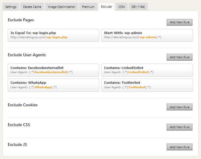 WP Fastest Cache Exclude configuration