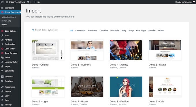 Bridge theme review demo import