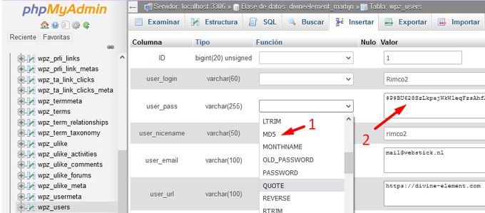Change WP username Phphadmin MD5 Change WP username Phphadmin MD5