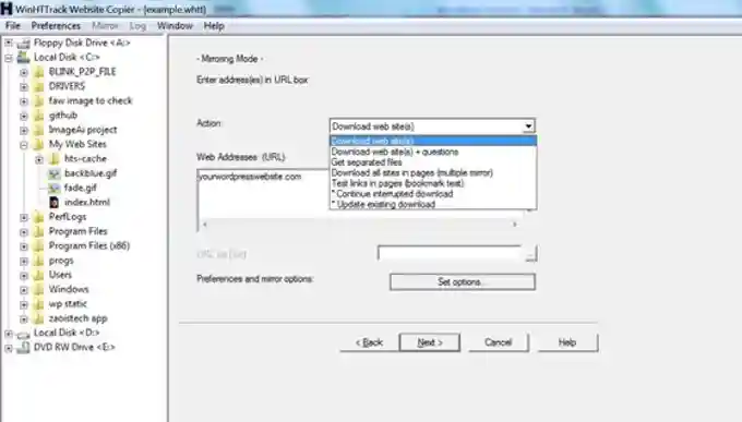 Convert Wordpress to HTML HTTrack action Convert Wordpress to HTML HTTrack action