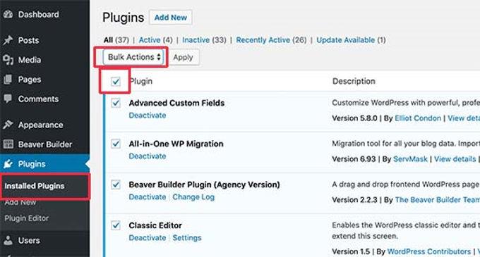 Wordpress Disable all plugins Wordpress Disable all plugins