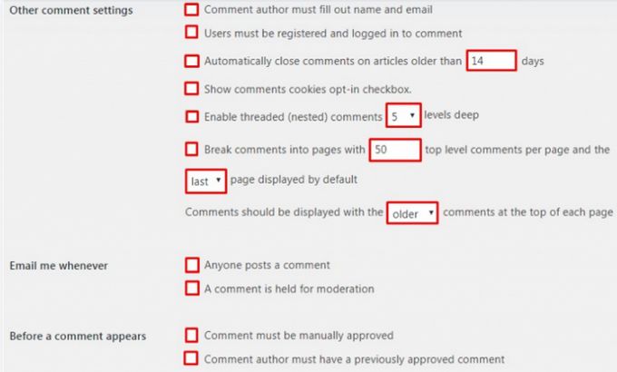 Comments in WordPress settings discussion Comments in WordPress settings discussion