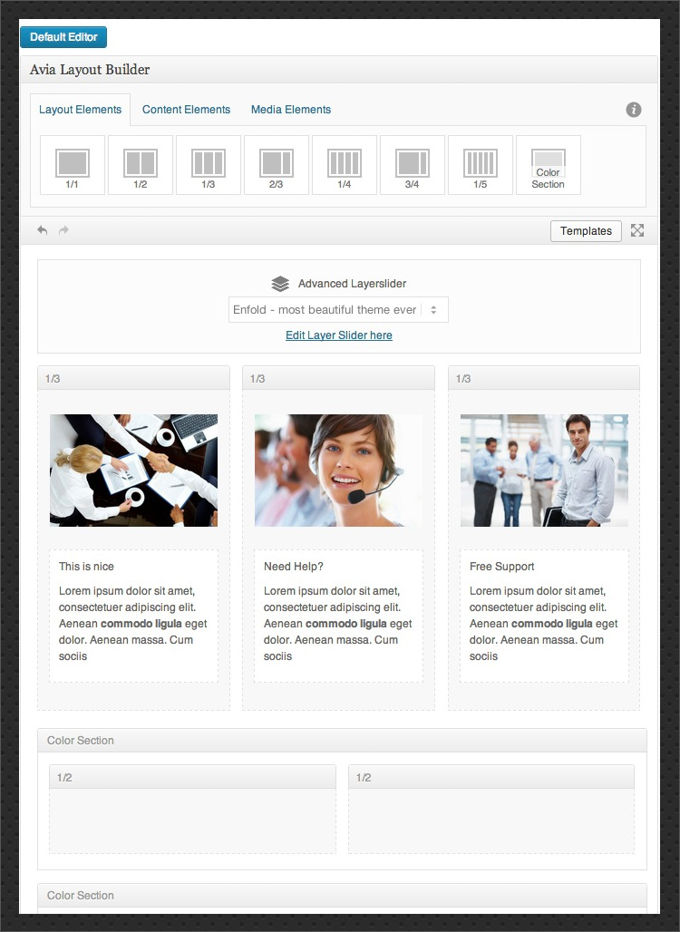 Enfold page builder Avia interface