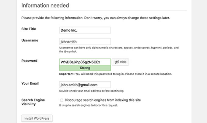 Enter Wordpress data during install 2