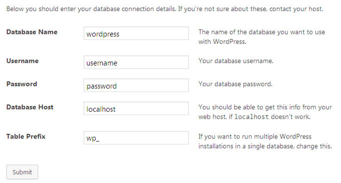 Enter Wordpress data during install