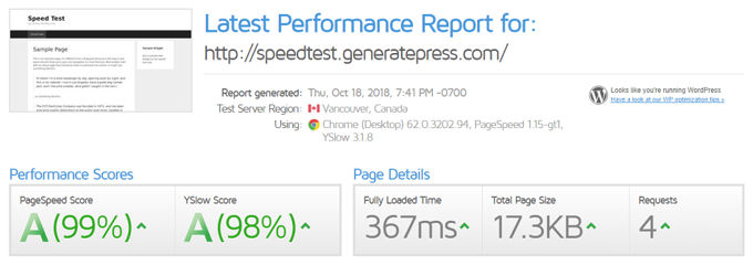 GeneratePress theme review GTMetrix speed test results