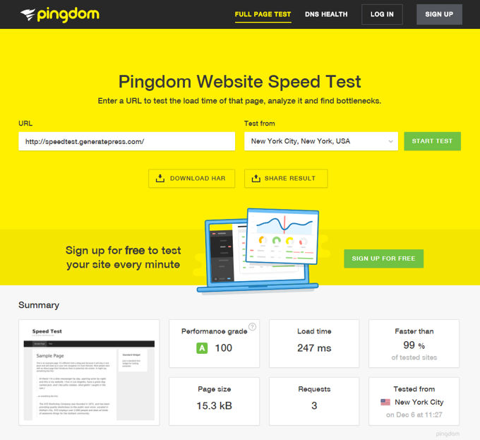 GeneratePress speed test on Pingdom