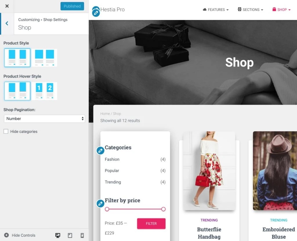 WooCommerce shop layout example in Hestia