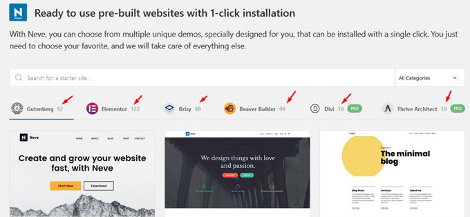 Neve Theme starter-sites for page builders