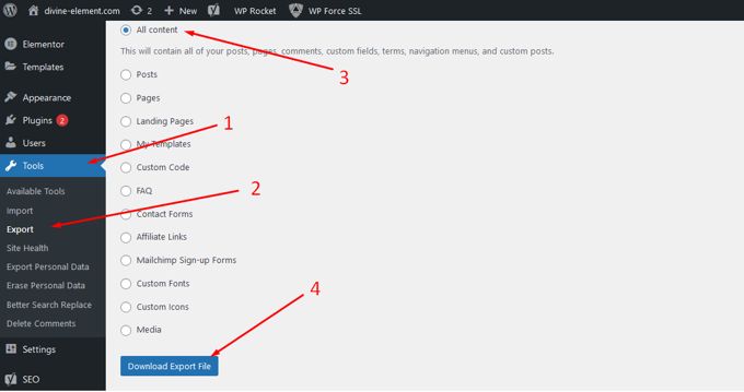 Reinstall Wordpress export content Reinstall Wordpress export content