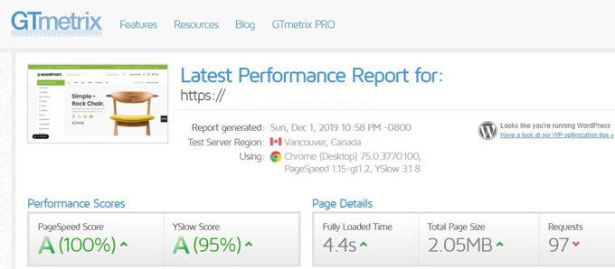 Woodmart GTMetrix speed test results