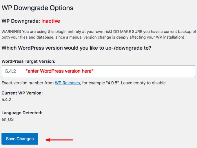 WP-Downgrade enter version WP-Downgrade enter version