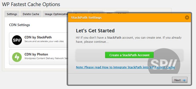 WP fastest cache Stackpath create account
