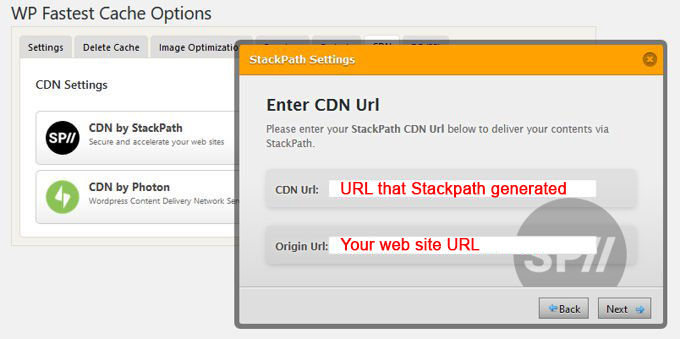 WP fastest cache Stackpath URL