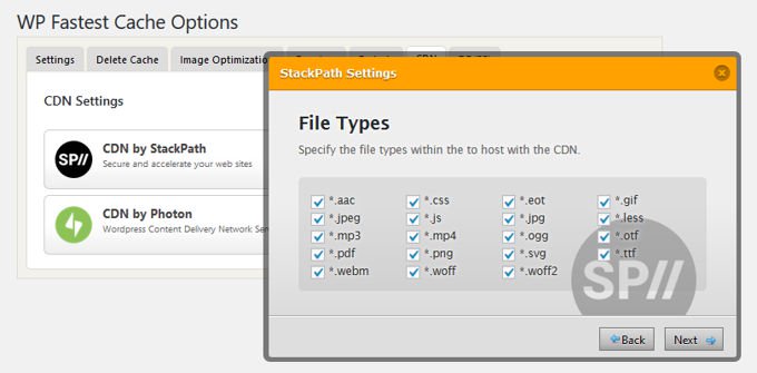WP fastest cache Stackpath file types