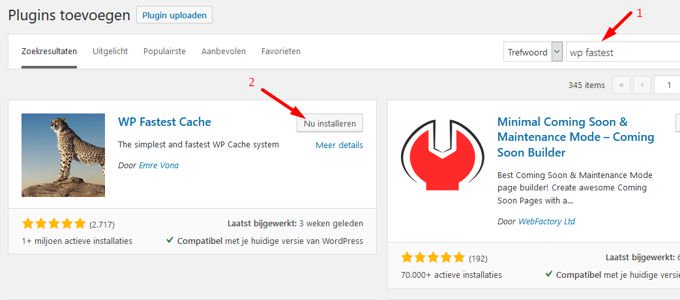WP fastest Cache install backend wordpress