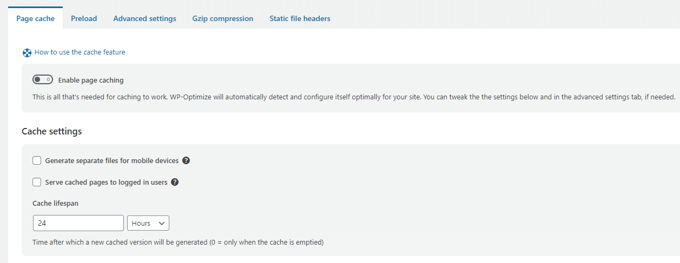 WP-Optimize Review page cache